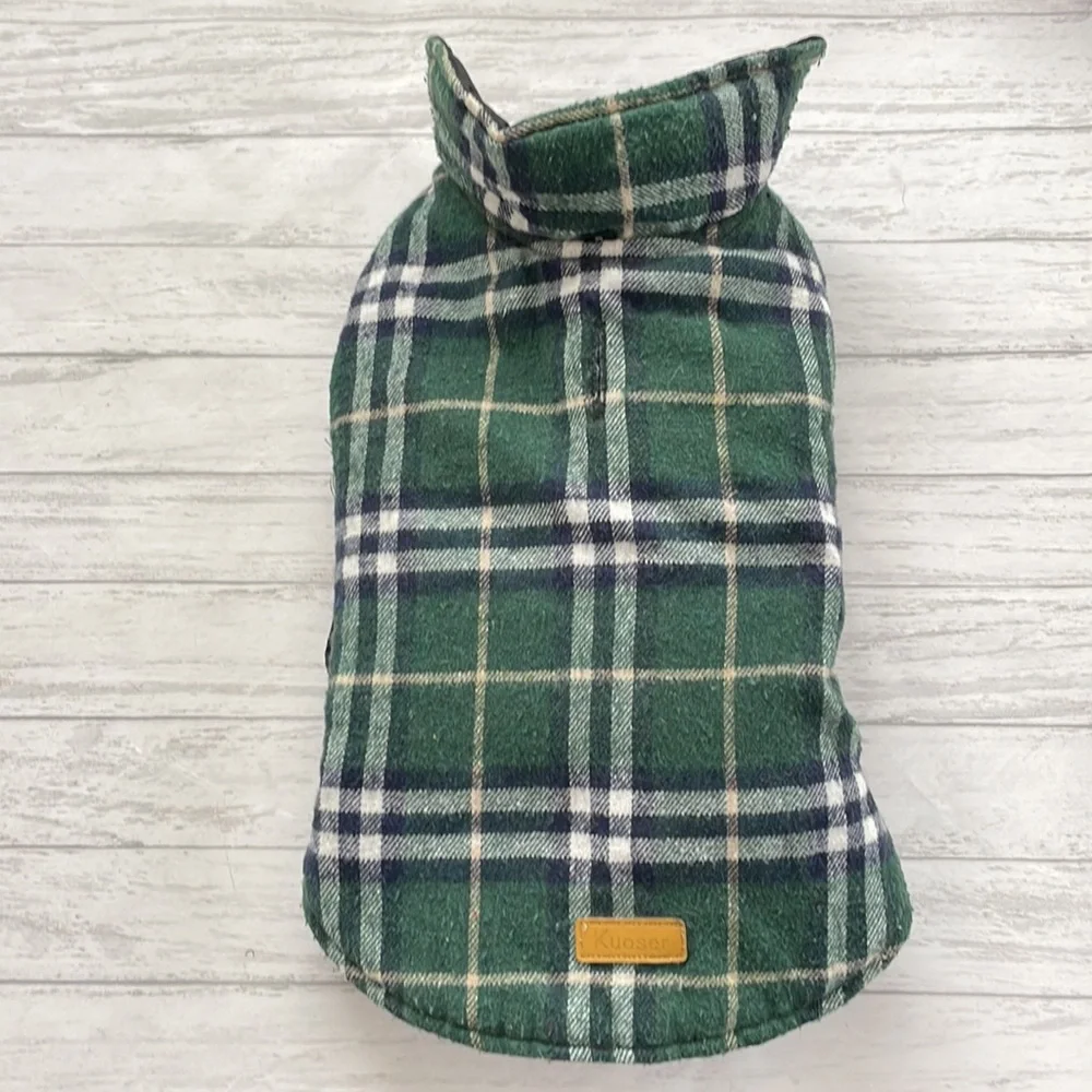 KUOSER Reversible Green Plaid/Solid Black Waterproof Dog Winter Coat, Medium